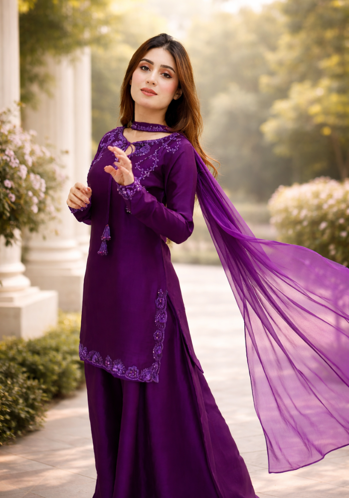 Solid purple kurta sharara set with Dupatta