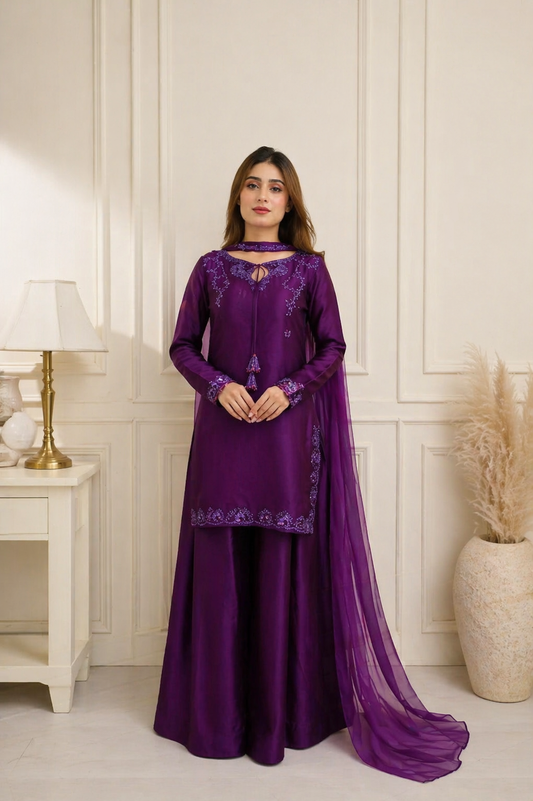 Solid purple kurta sharara set with Dupatta