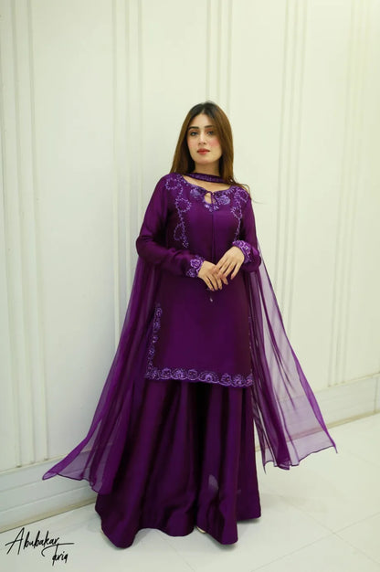 Solid purple kurta sharara set with Dupatta