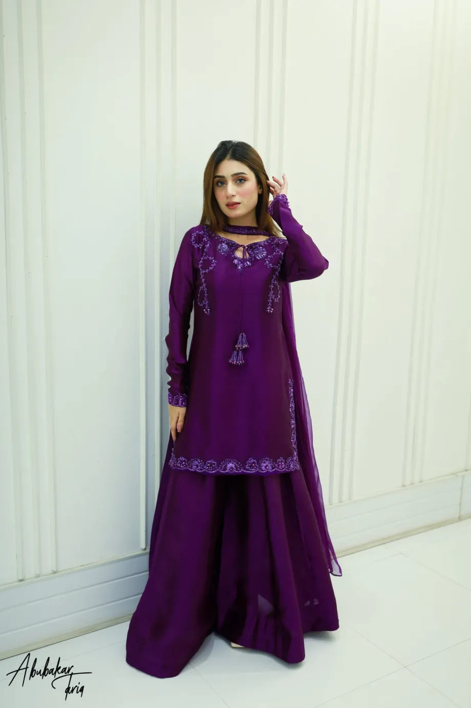Solid purple kurta sharara set with Dupatta