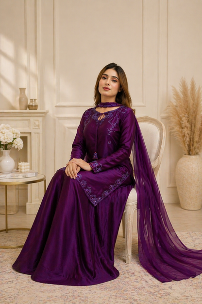 Solid purple kurta sharara set with Dupatta